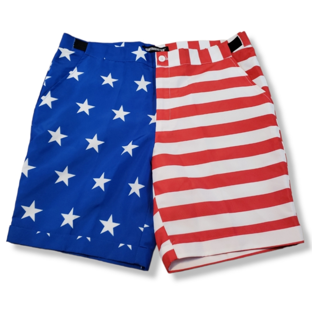 Suitmeister Shorts Size Large Expandable Waist Cuffed Casual USA American Flag